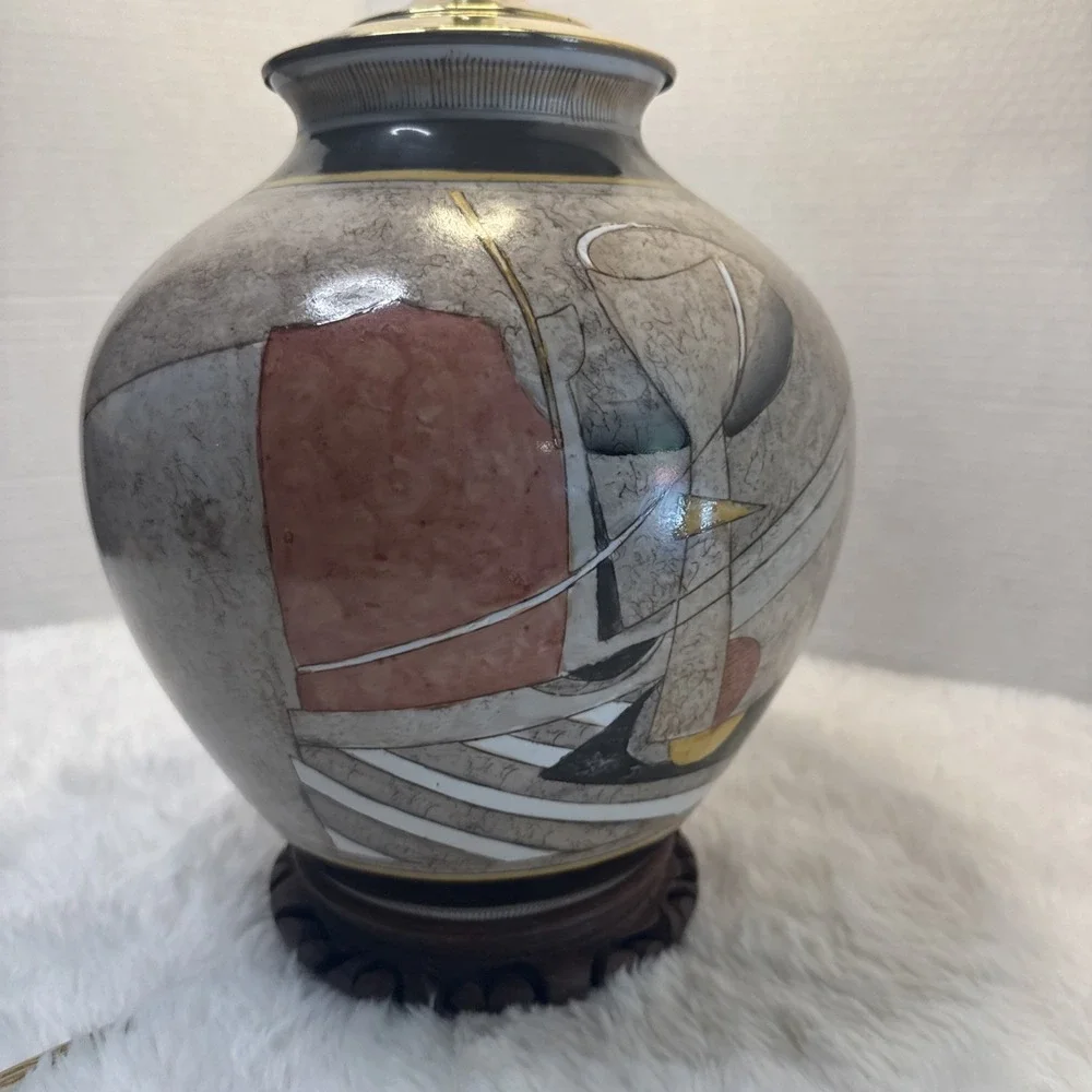 Vintage Abstract 80's Geometric Studio Pottery Table Lamp Urn Brass Wood Deco